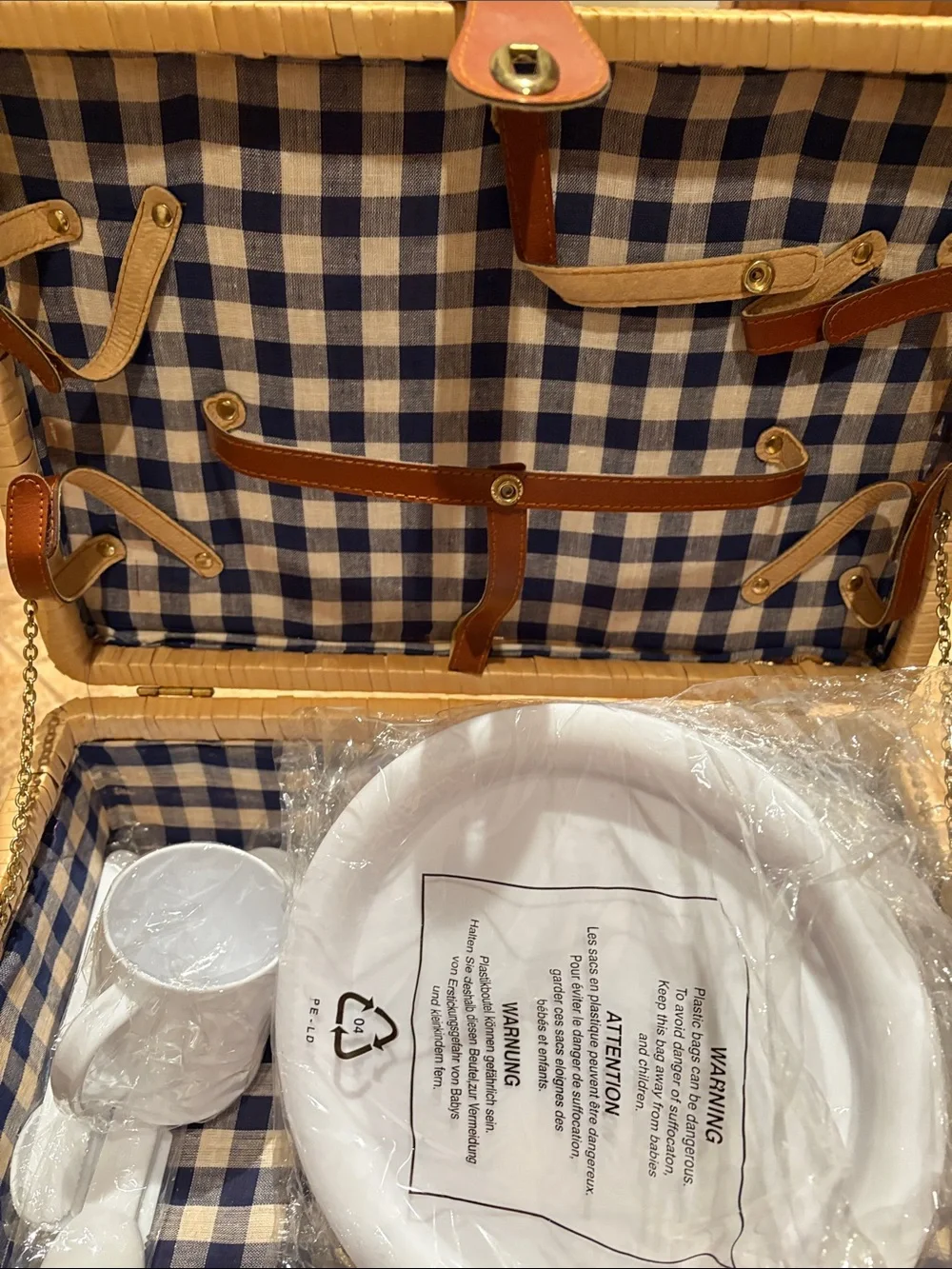 White Picnic Dinnerware Set with Wicker Basket
